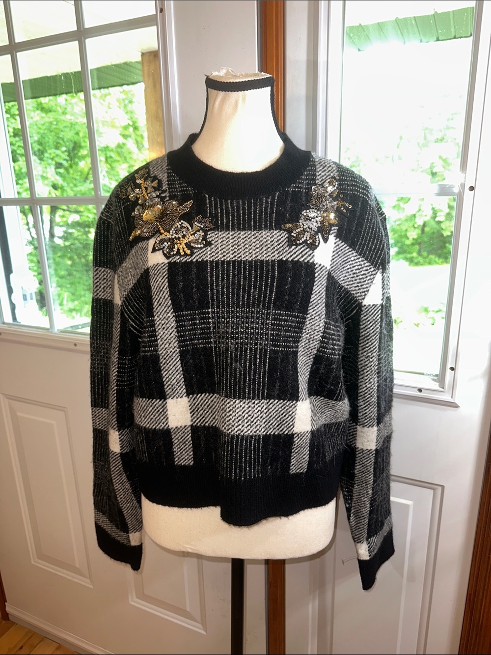 Veronica Bears Black & White Plaid Embellished Women's Sweater